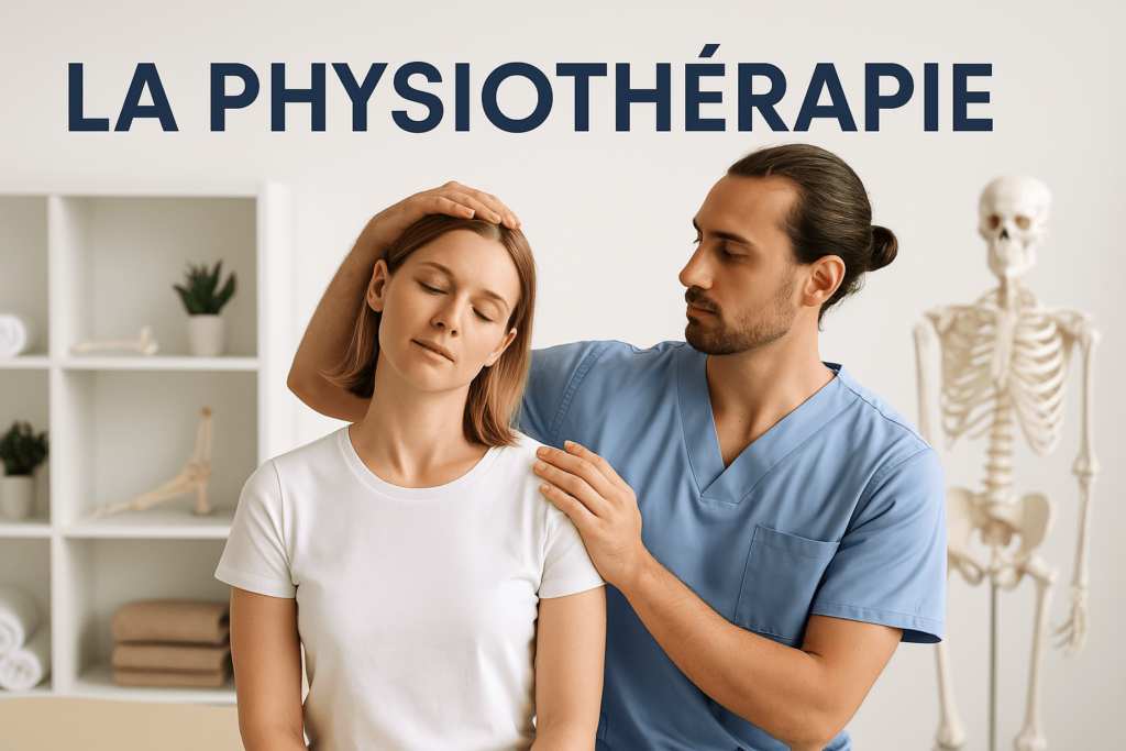Photographie large et lumineuse illustrant une séance de physiothérapie dans un cabinet moderne. Une physiothérapeute guide un patient adulte allongé sur une table de soins, en effectuant des exercices de rééducation. L’espace est propre, professionnel et baigné de lumière naturelle, évoquant la santé, le bien-être et la prise en charge personnalisée.