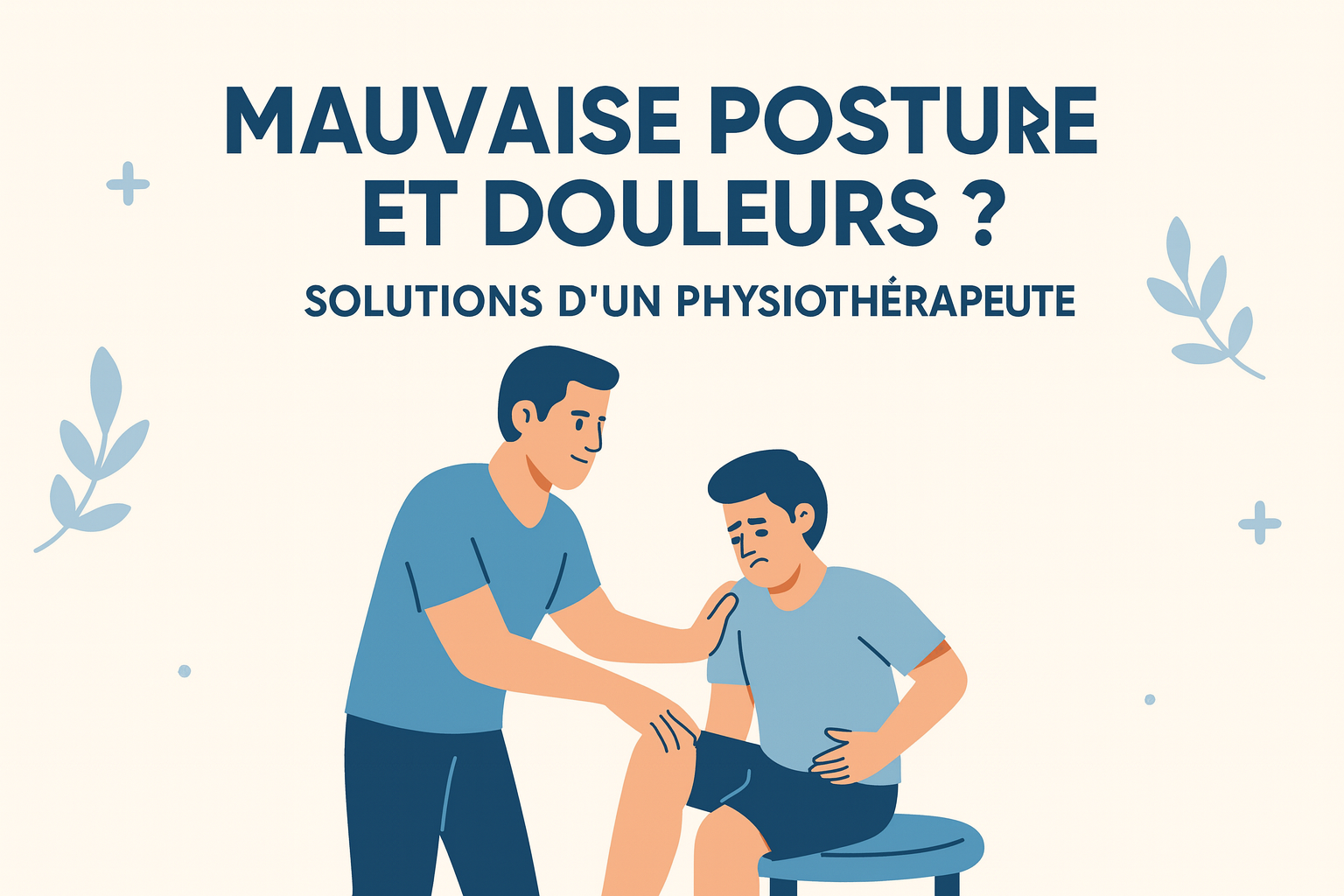 Illustration d’un physiothérapeute aidant un patient souffrant de douleurs liées à une mauvaise posture, avec le titre ‘Mauvaise posture et douleurs Solutions d’un physiothérapeute’.