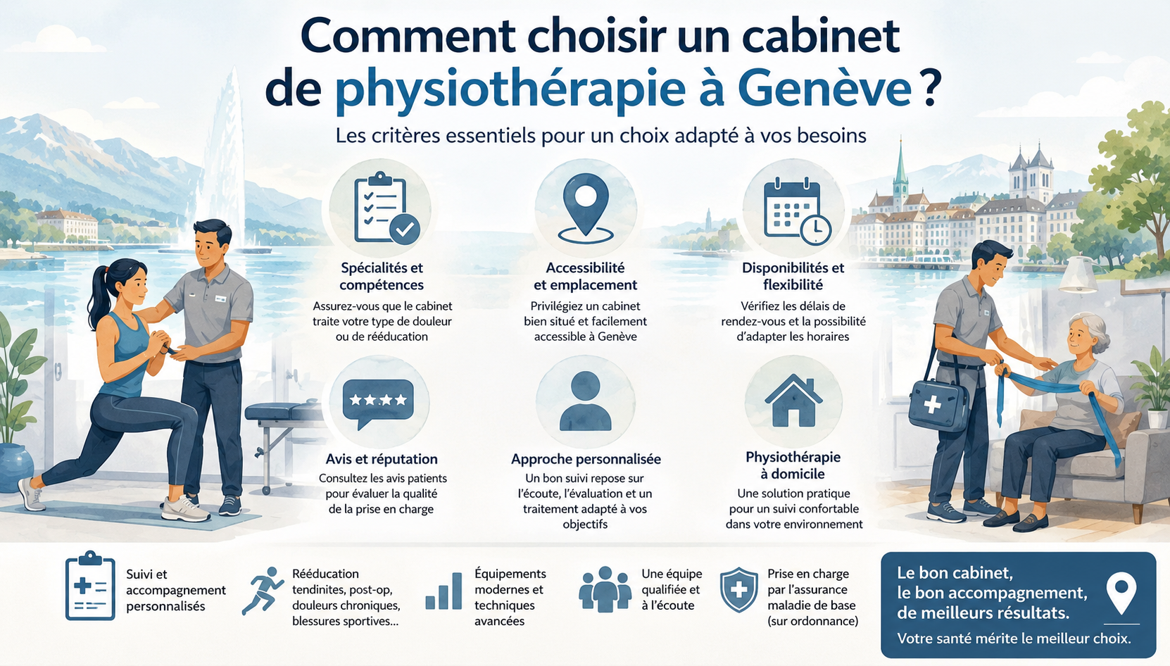 Illustration représentant les critères pour choisir un cabinet de physiothérapie à Genève, incluant les spécialités, l’accessibilité, les avis patients, la physiothérapie à domicile et l’accompagnement personnalisé.